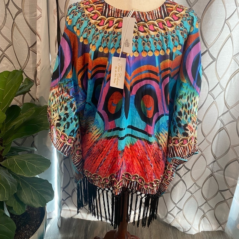 NWT True Colours by La Moda Fringe Peacock Swim Cover Up Top One Size - Picture 4 of 10